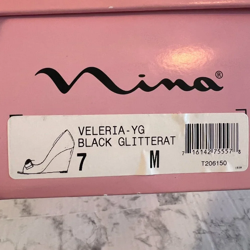 Nina Veleria Wedges Size 7 Black Glitterati‎ Rhinestone Detail Open Toe …